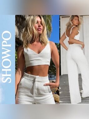 2 Piece White Adelaide Tweed Wide Leg Pants and Top